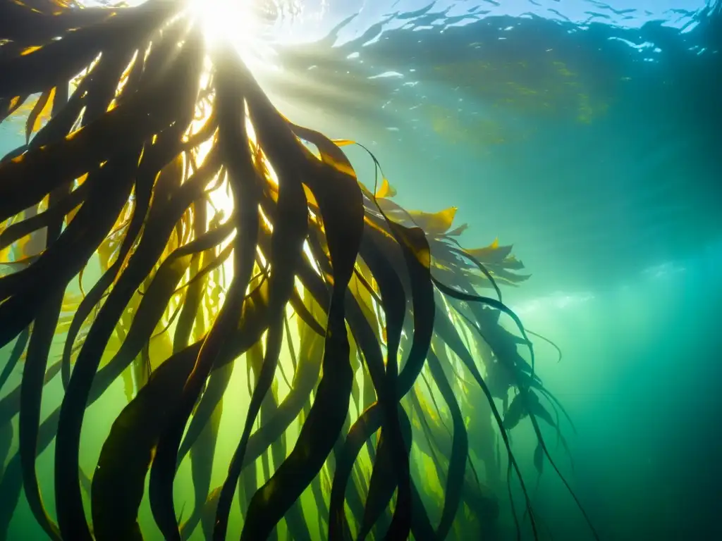 Un bosque submarino de algas pardas con una rica diversidad y luz filtrada, revelando su belleza natural