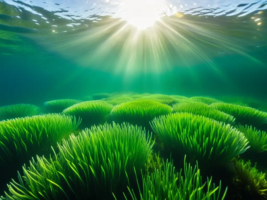 Un bosque submarino vibrante de plantas marinas verdes oscuro se mece suavemente en las corrientes