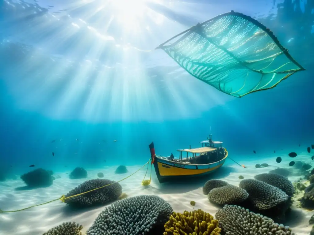 Un bote pesquero tradicional mediterráneo rodeado de peces plateados, con un pescador lanzando su red al agua