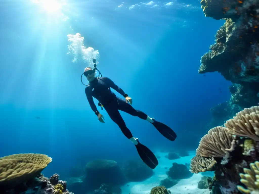 Un buceador desciende hacia el abismo azul, rodeado de agua cristalina y un arrecife de coral