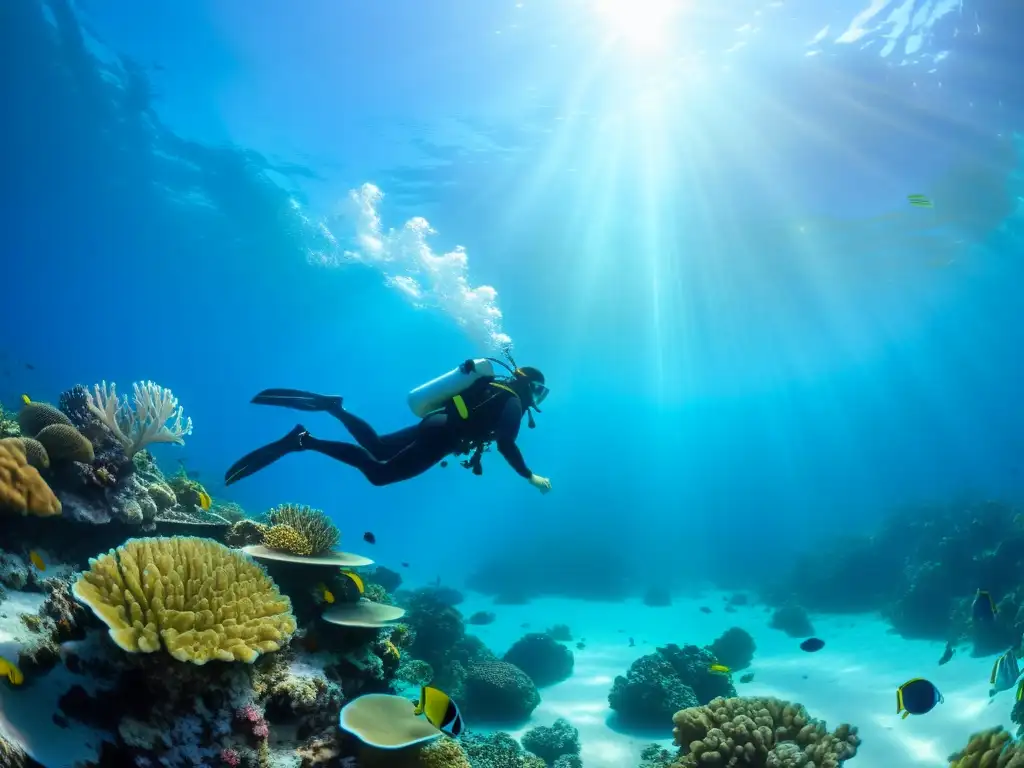 Un buceador ágil y elegante se desliza graciosamente entre aguas cristalinas y un vibrante arrecife de coral, evocando la esencia de 'Fitness personalizado para buceadores' en un entorno submarino de belleza serena y exploración sin límites