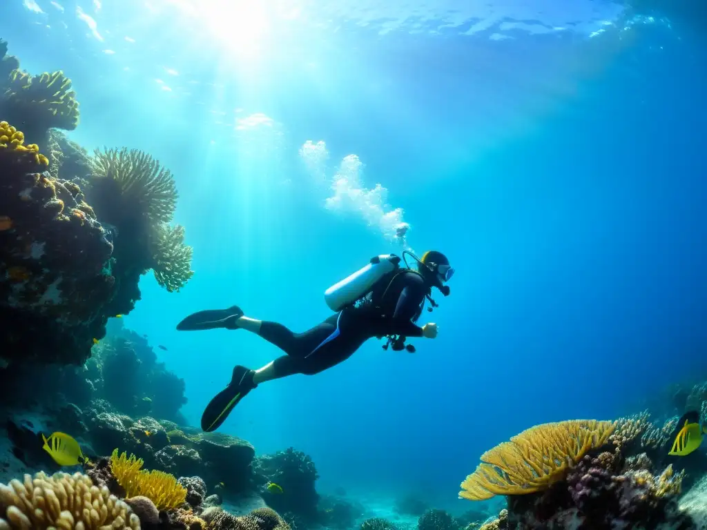 Un buceador ágil y flexible navega con gracia entre un arrecife de coral vibrante