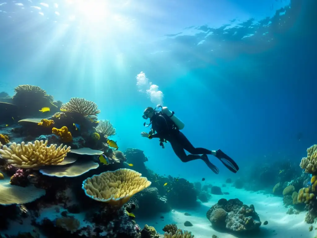 Un buceador ágil y poderoso navega graciosamente entre aguas turquesas cristalinas, rodeado de un vibrante arrecife de coral