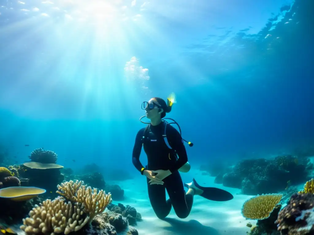 Un buceador meditando bajo el agua rodeado de vida marina y corales, evocando tranquilidad y conexión