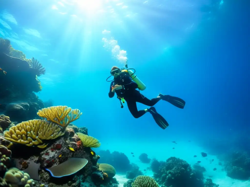 Un buceador flota en aguas cristalinas entre arrecifes de coral y vida marina colorida, mostrando nuevos materiales chalecos compensadores