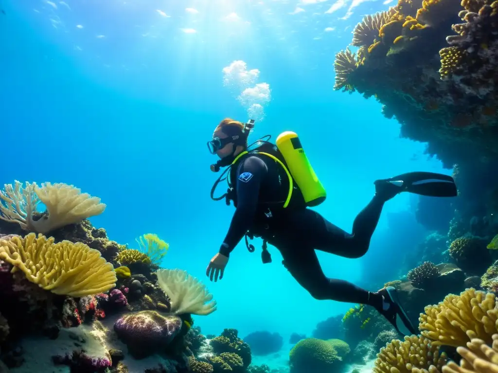 Un buceador desciende en aguas cristalinas con el chaleco hidrostático Zeagle Scout, integrado perfectamente en su equipo de buceo