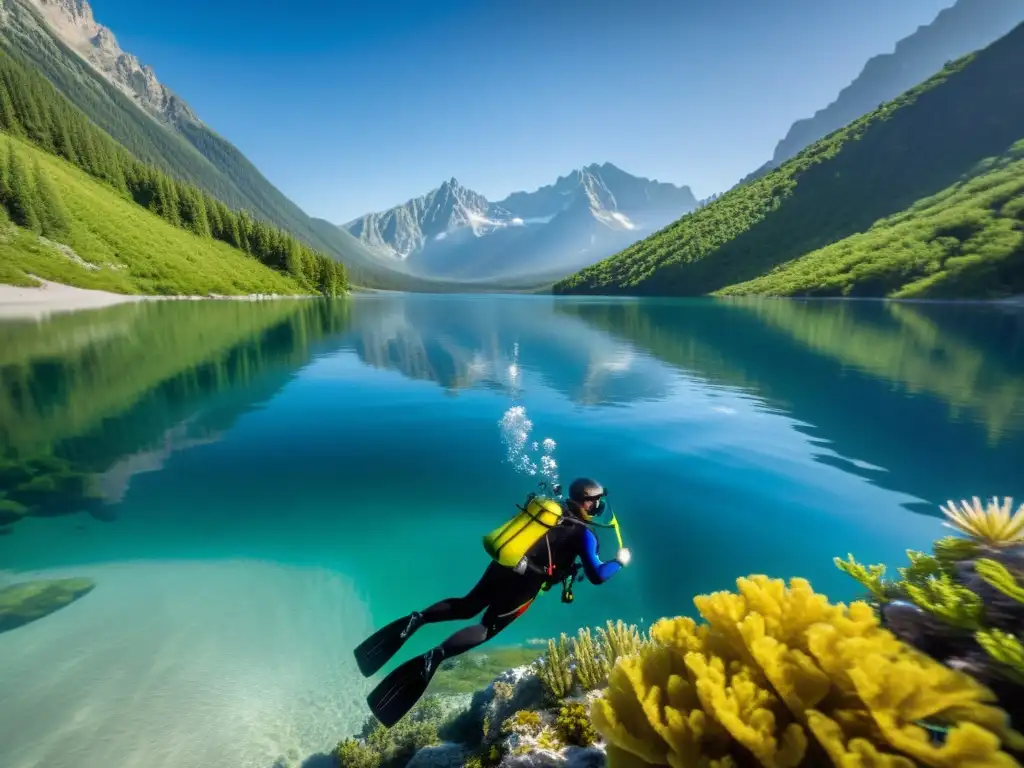 Un buceador explora las aguas cristalinas de un lago alpino, rodeado de montañas y vegetación exuberante