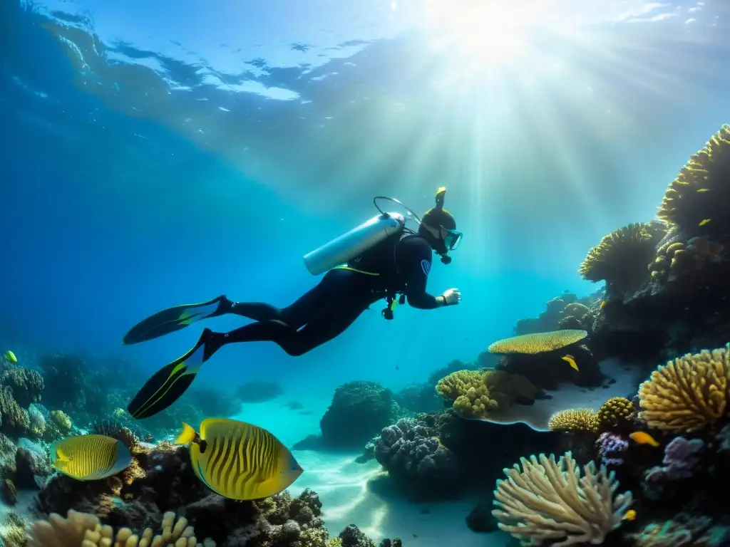 Un buceador surcando aguas cristalinas rodeado de vida marina y coral vibrante con las aletas de buceo SplitFin en acción