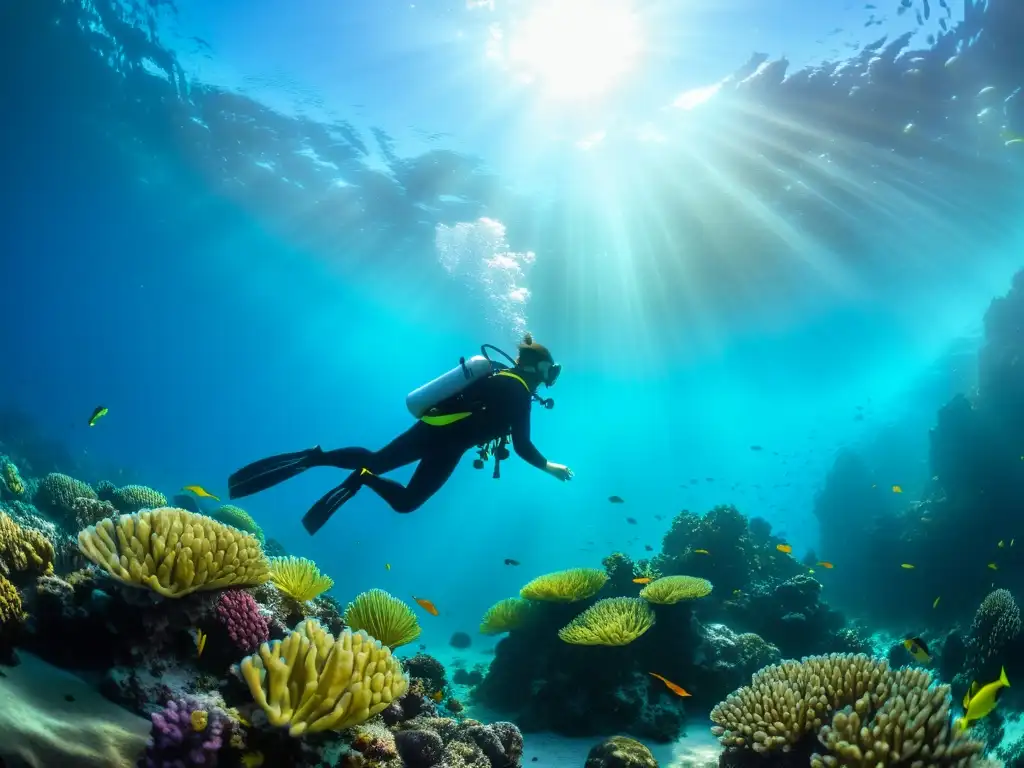 Un buceador se desliza graciosamente entre aguas cristalinas, rodeado de arrecifes de coral vibrantes y vida marina