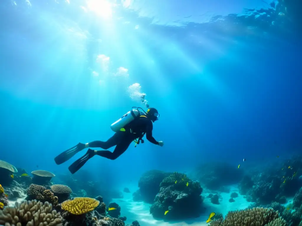 Un buceador se desliza graciosamente entre aguas cristalinas rodeado de arrecifes de coral y vida marina colorida, bajo la luz del sol