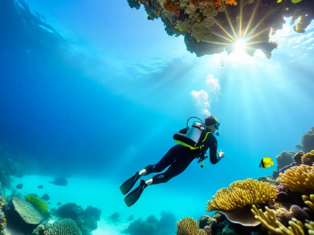 Un buceador se desliza graciosamente entre aguas cristalinas rodeado de arrecifes de coral vibrantes y peces tropicales coloridos