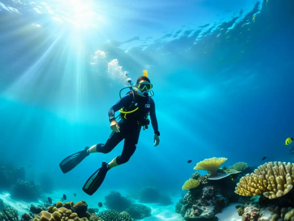 Un buceador se desliza grácilmente entre aguas cristalinas rodeado de vida marina y coloridos arrecifes de coral, bajo la luz del sol