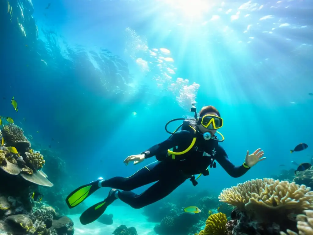 Un buceador explora las aguas cristalinas rodeado de arrecifes de coral y peces tropicales