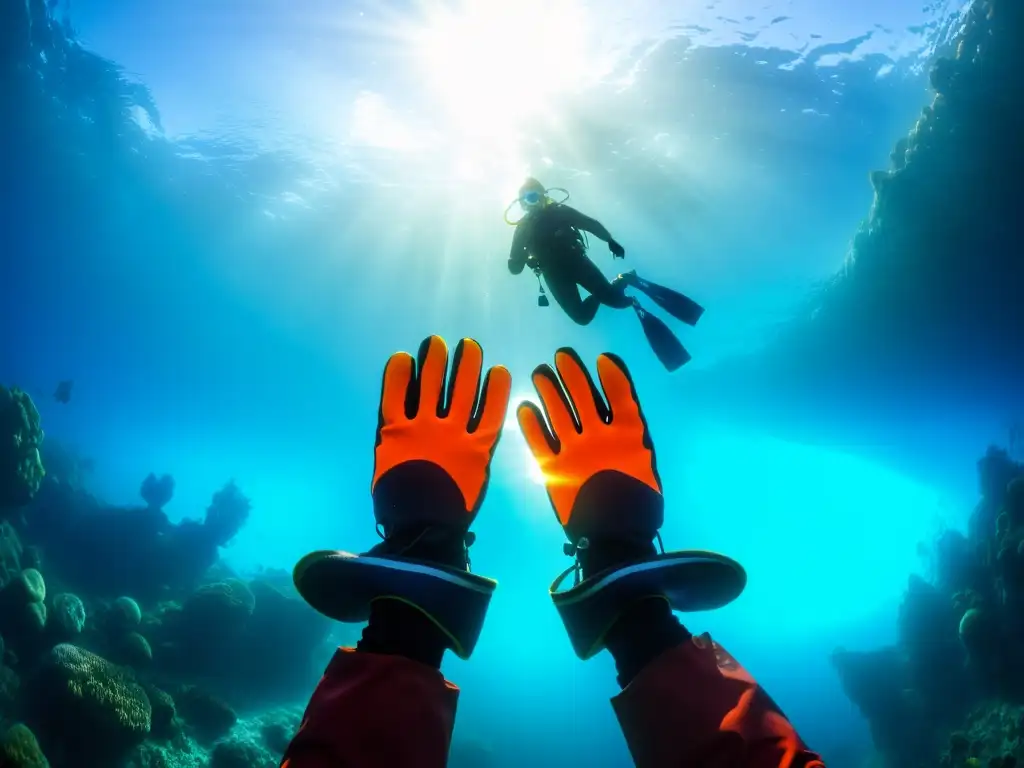 Un buceador explora las aguas frías del Ártico con guantes y botas de buceo calefaccionados, rodeado de vida marina colorida