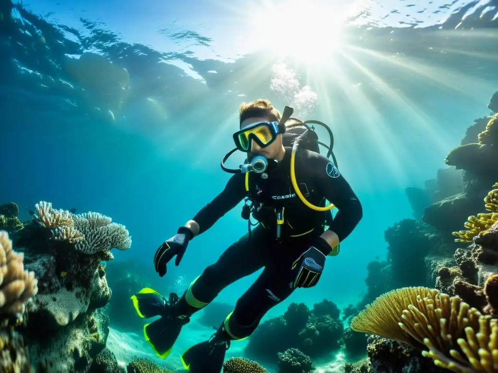 Un buceador explora aguas frías con guantes y botas de buceo calefaccionados, rodeado de vida marina y coral vibrante