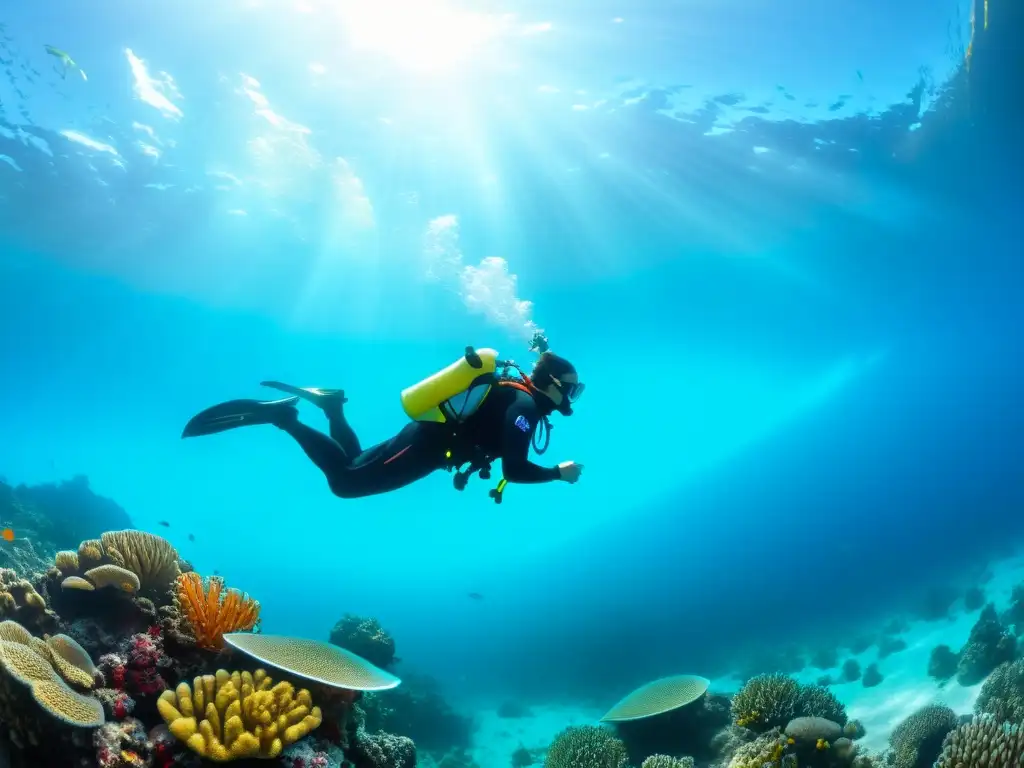 Un buceador se desliza graciosamente entre aguas turquesas cristalinas, rodeado de arrecifes de coral y vida marina