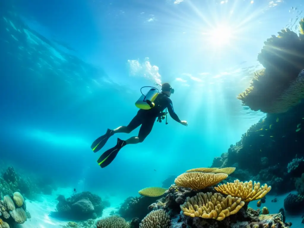 Un buceador se desliza suavemente entre aguas turquesas cristalinas, rodeado de arrecifes de coral vibrantes y vida marina