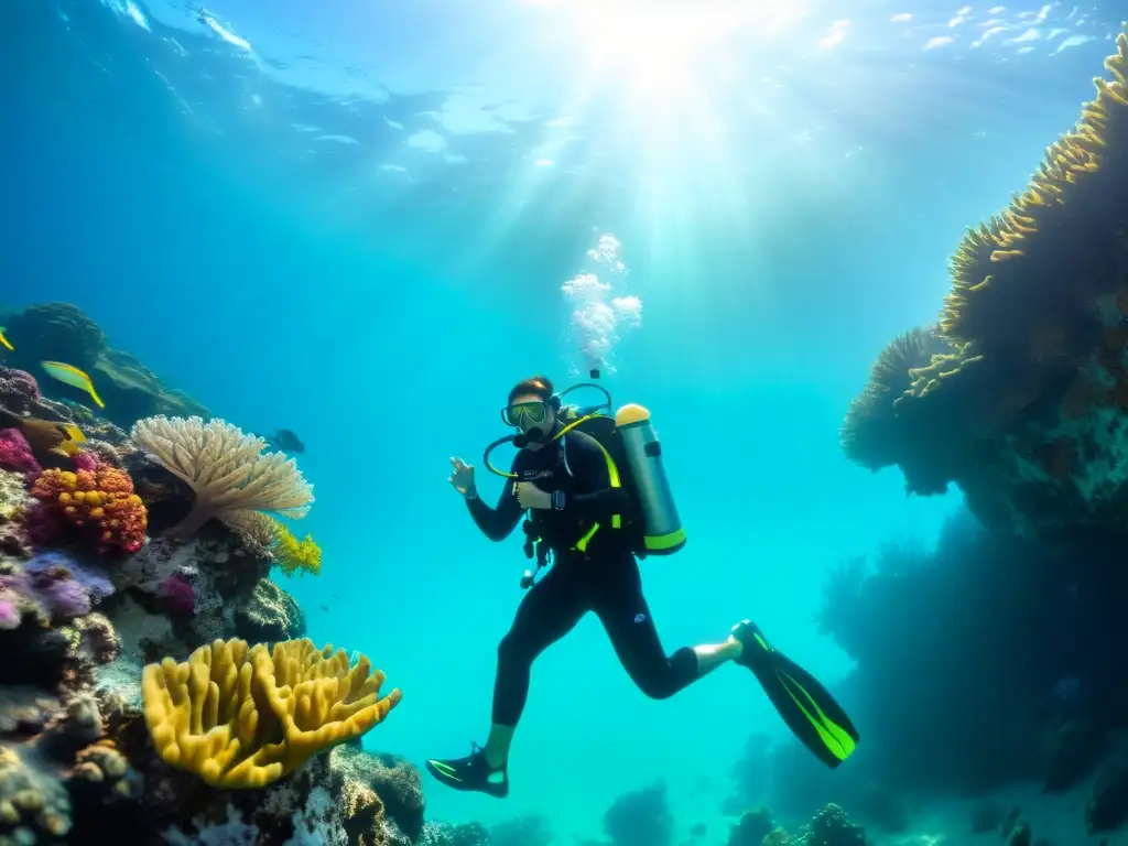 Un buceador explora aguas turquesas cristalinas, rodeado de arrecifes de coral y vida marina colorida