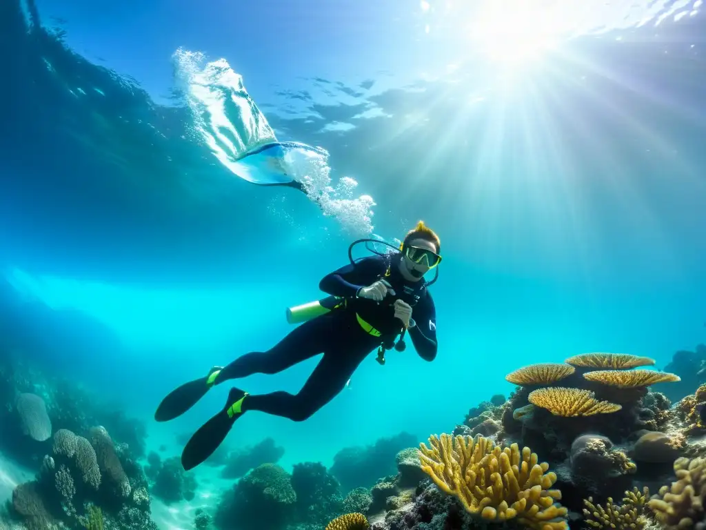 Un buceador explora aguas turquesas rodeado de vida marina y coral vibrante, luciendo el neopreno de buceo AquaLung 2023