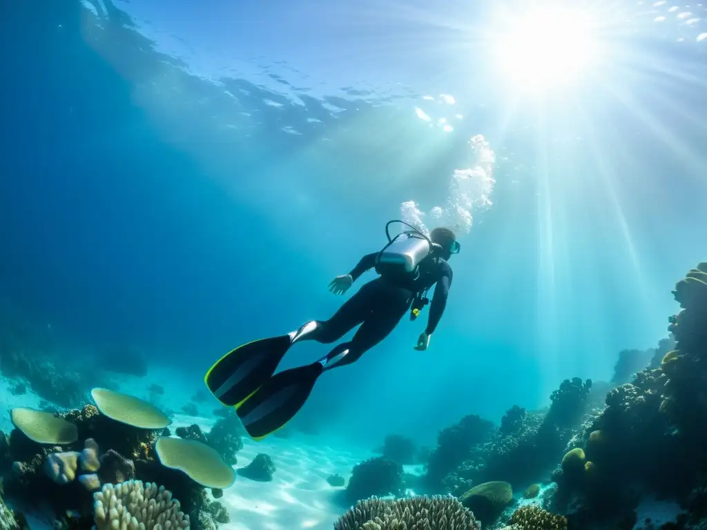 Un buceador con aletas SplitFin se desliza grácilmente entre aguas cristalinas, resaltando su innovador diseño