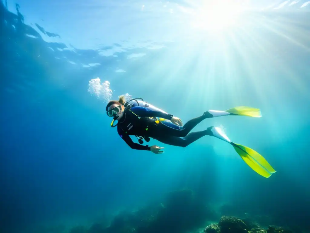 Un buceador perfecciona su aleteo en un paisaje submarino colorido, transmitiendo tranquilidad y belleza natural