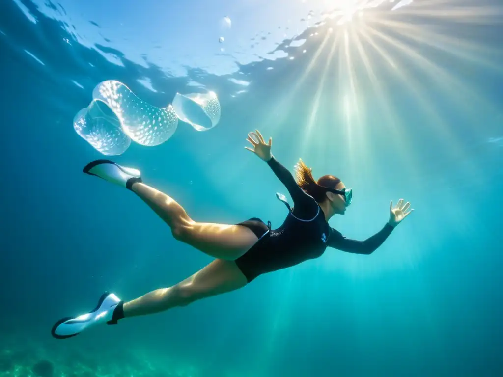 Un buceador ejecuta un aleteo perfecto bajo el agua, mostrando eficiencia hidrodinámica y gracia en sus movimientos