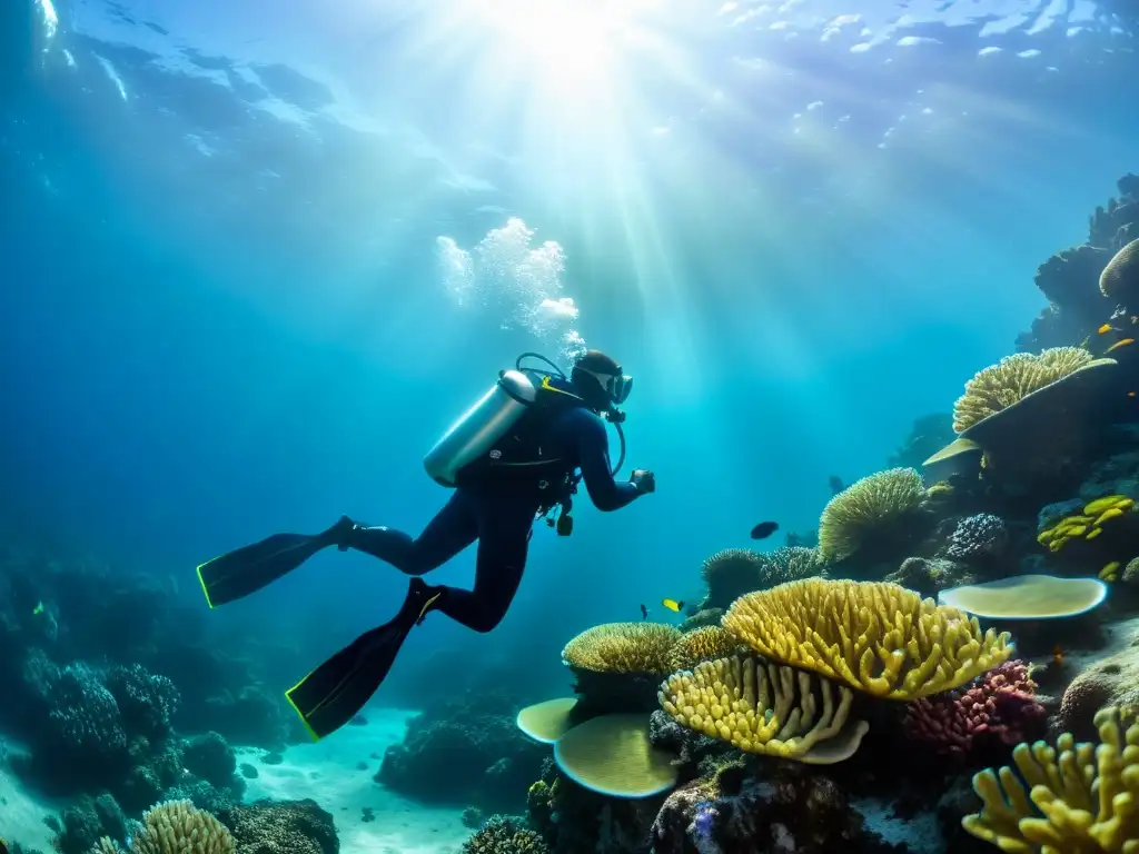 Un buceador de alto rendimiento se prepara para sumergirse en un vibrante arrecife de coral