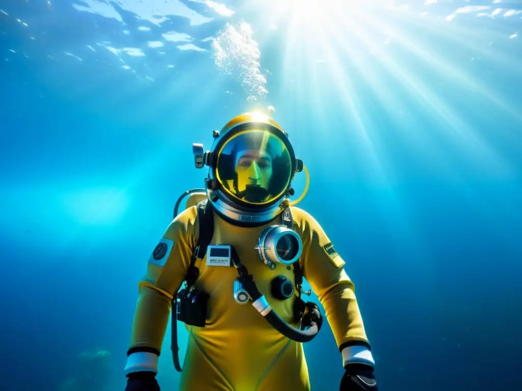 Exploración en las profundidades: buceo de altitud Un buceador de altura en traje especializado, rodeado de aguas cristalinas y bañado por los rayos dorados del sol