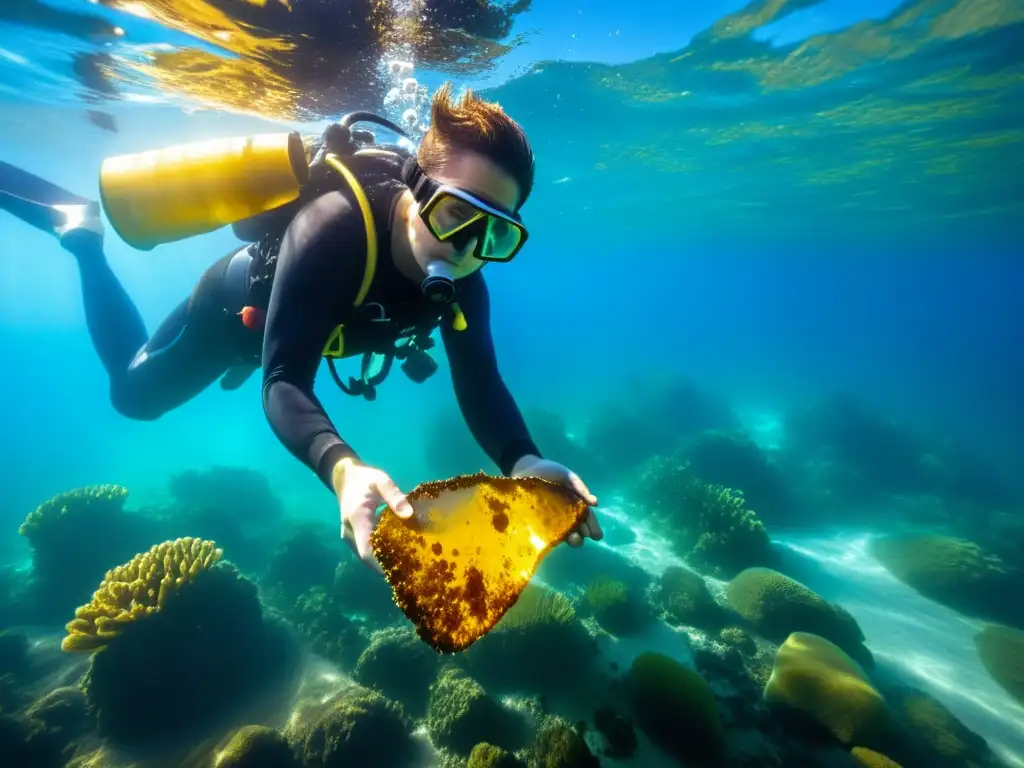 Un buceador recupera ámbar antiguo del fondo marino, iluminado por la luz solar