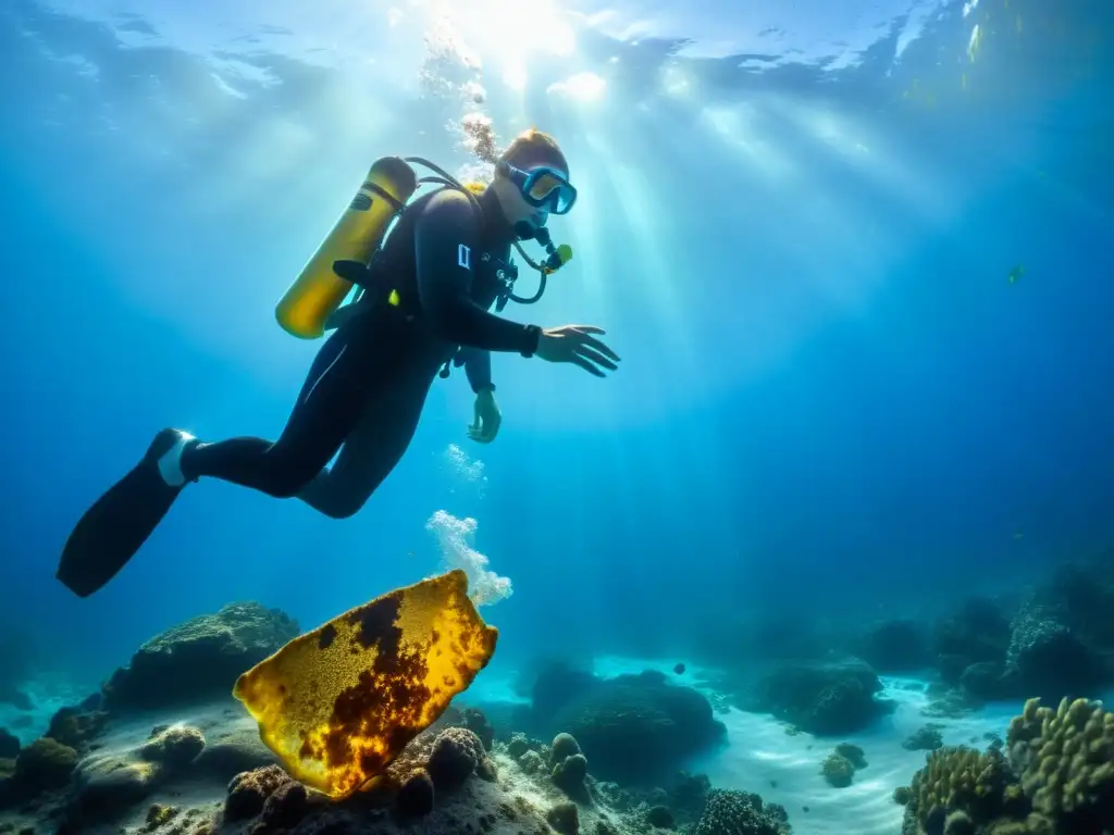 Un buceador recupera un ámbar en el fondo marino, envuelto en tonos azules