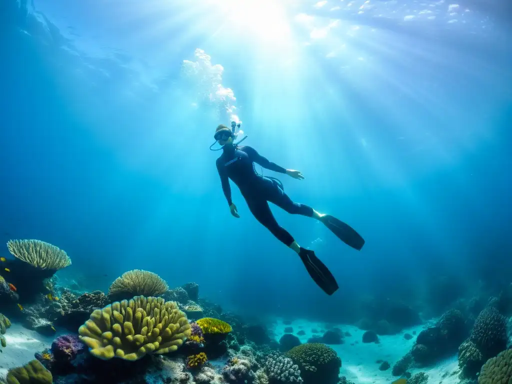 Un buceador en apnea explora la belleza submarina rodeado de vida marina y coloridos arrecifes de coral