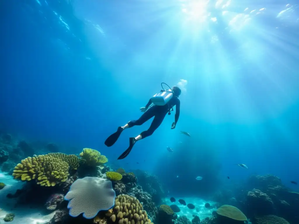 Un buceador en apnea desciende con gracia entre peces tropicales en aguas cristalinas