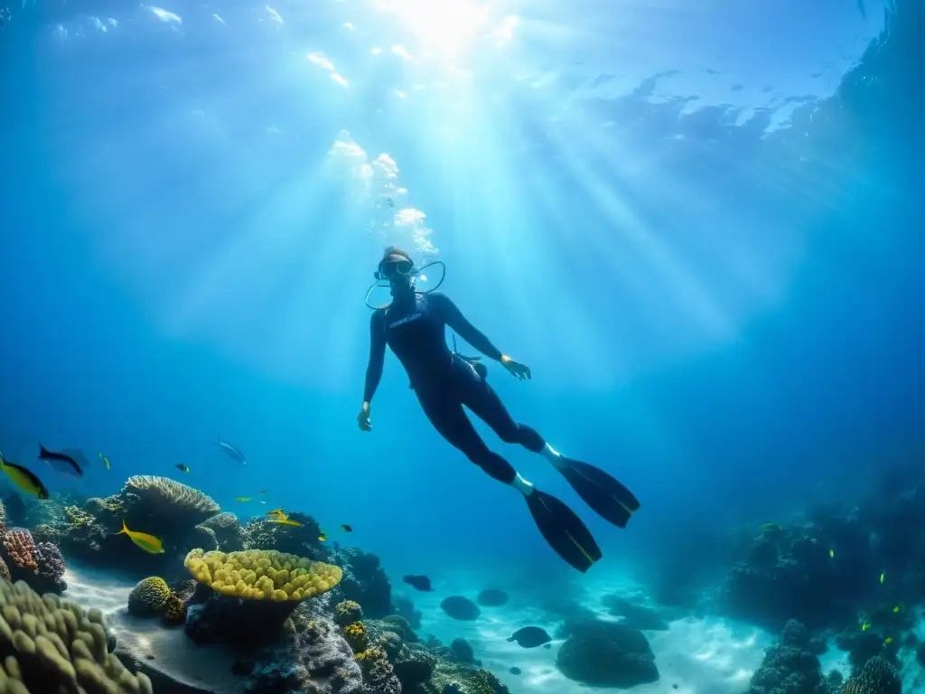 Un buceador en apnea desciende con gracia entre peces y corales en un océano azul profundo, mostrando la belleza del freediving