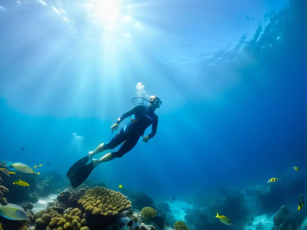 Un buceador en apnea se sumerge en un océano azul profundo, rodeado de peces y arrecifes de coral vibrantes