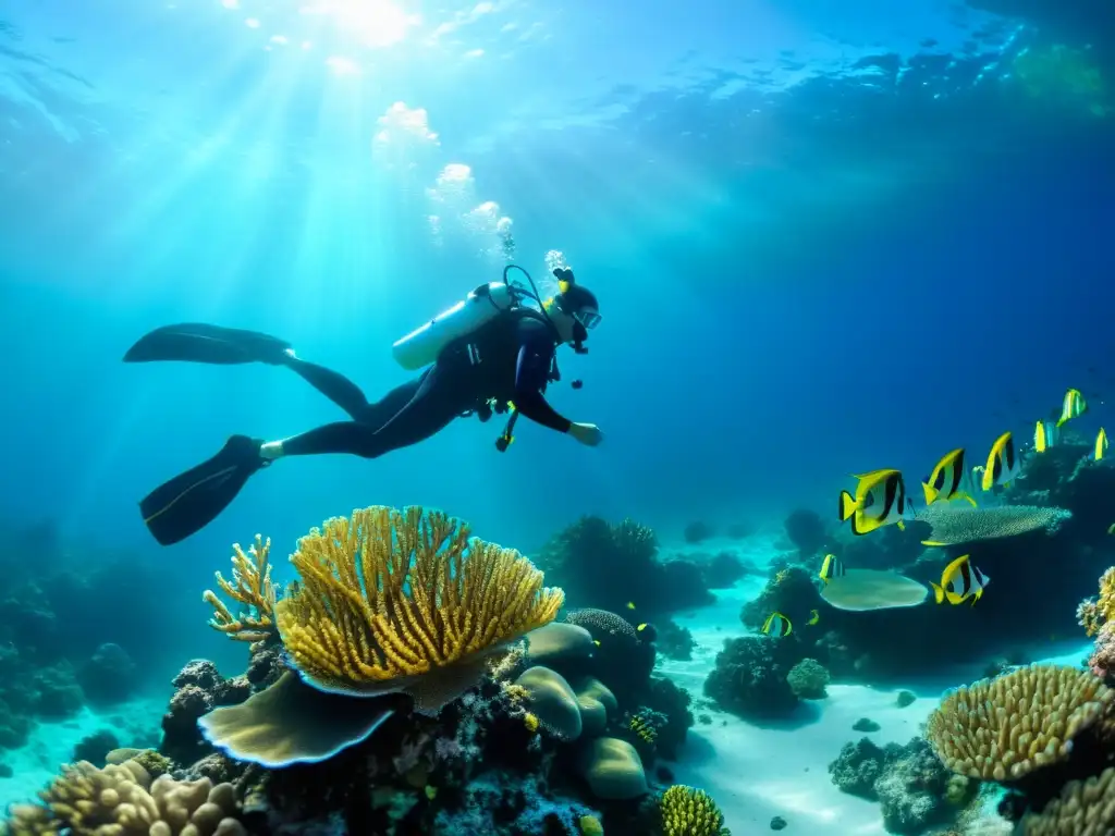 Un buceador explora un arrecife de coral colorido en aguas cristalinas