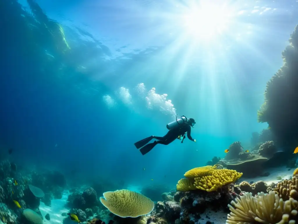 Un buceador explora un arrecife de coral colorido mientras la luz del sol crea patrones fascinantes en el fondo del océano