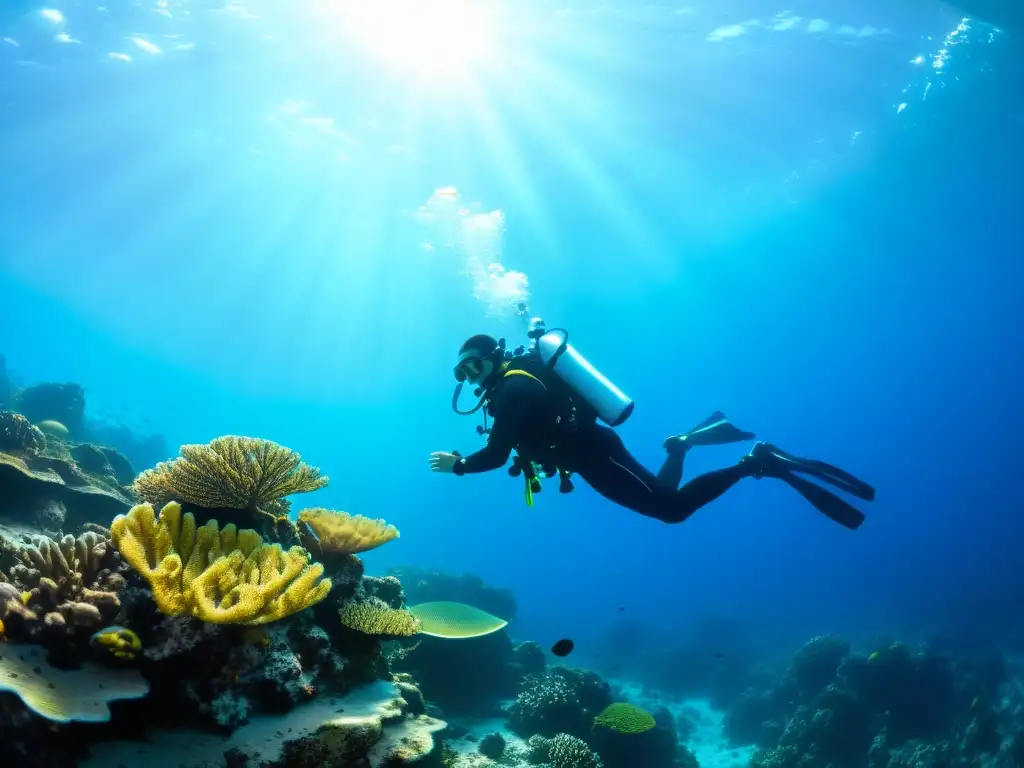 Un buceador explora un arrecife de coral, iluminado por la luz del sol, con dispositivos para mejorar seguridad buceo