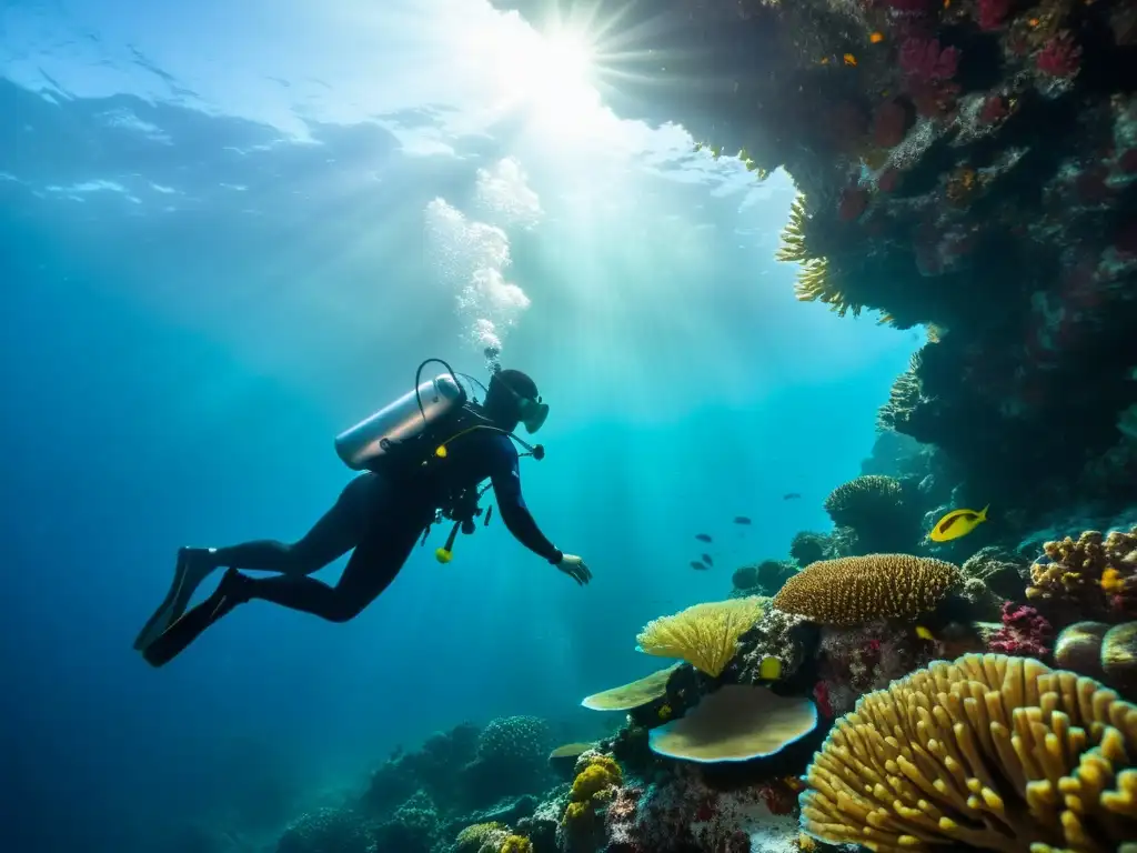 Exploración fascinante: buceador en arrecife de coral Buceador explorando arrecife de coral con protocolos de seguridad buceo altura en un escenario submarino vibrante y etéreo
