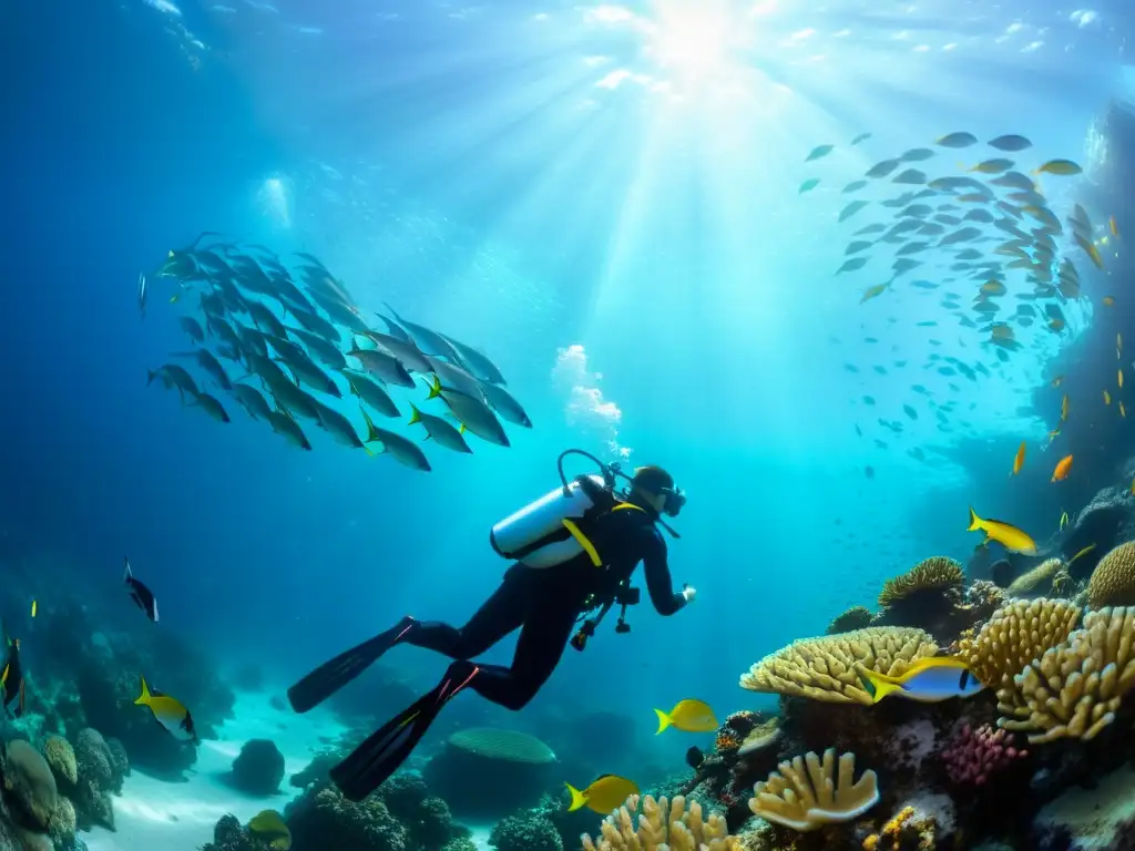 Un buceador explora un arrecife de coral, rodeado de peces tropicales