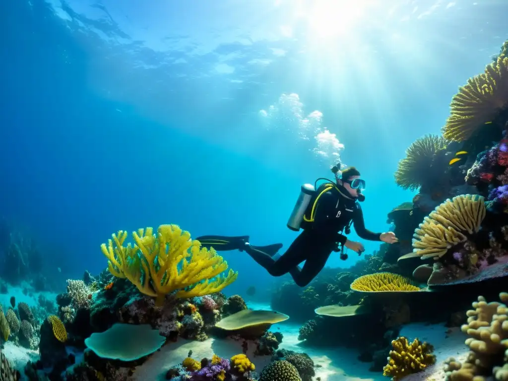 Un buceador explora un arrecife de coral rodeado de vida marina