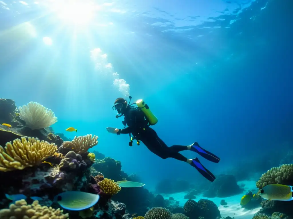 Un buceador explora un arrecife de coral con el Sistema de buceo sin tanque AirBuddy, rodeado de peces tropicales en aguas cristalinas