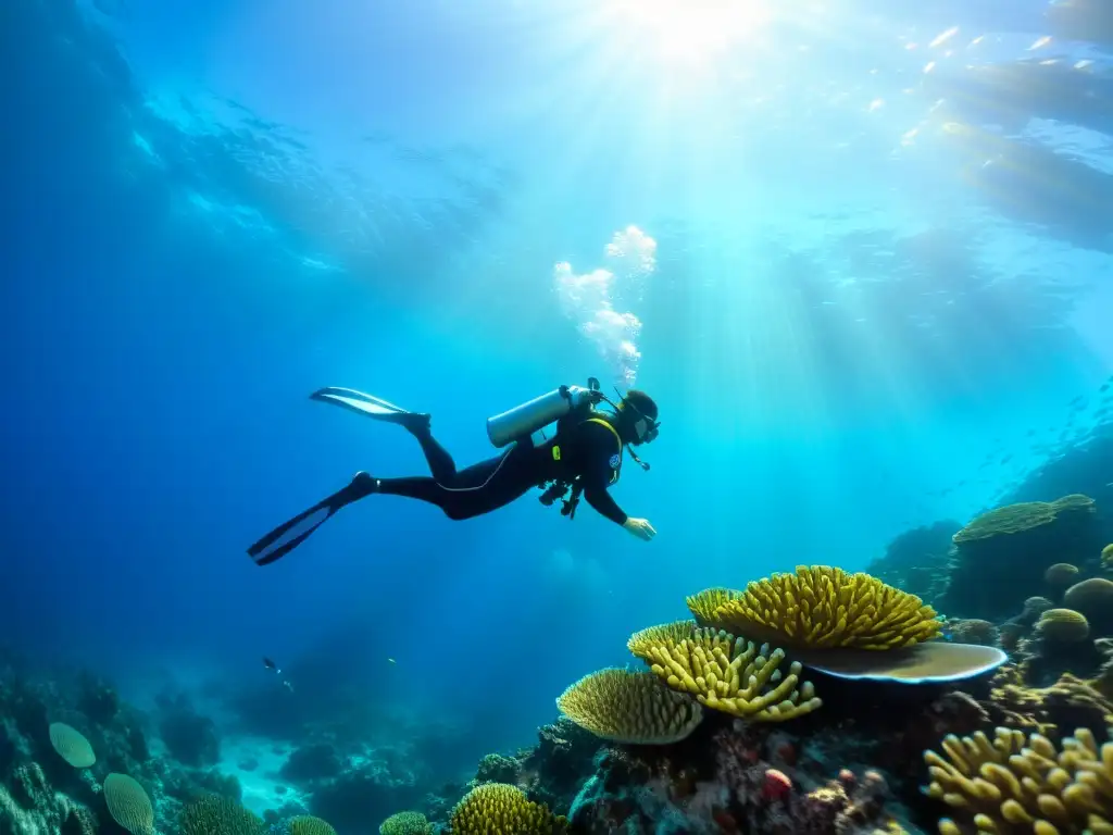 Un buceador se desliza grácilmente sobre un arrecife de coral vibrante, rodeado de peces coloridos