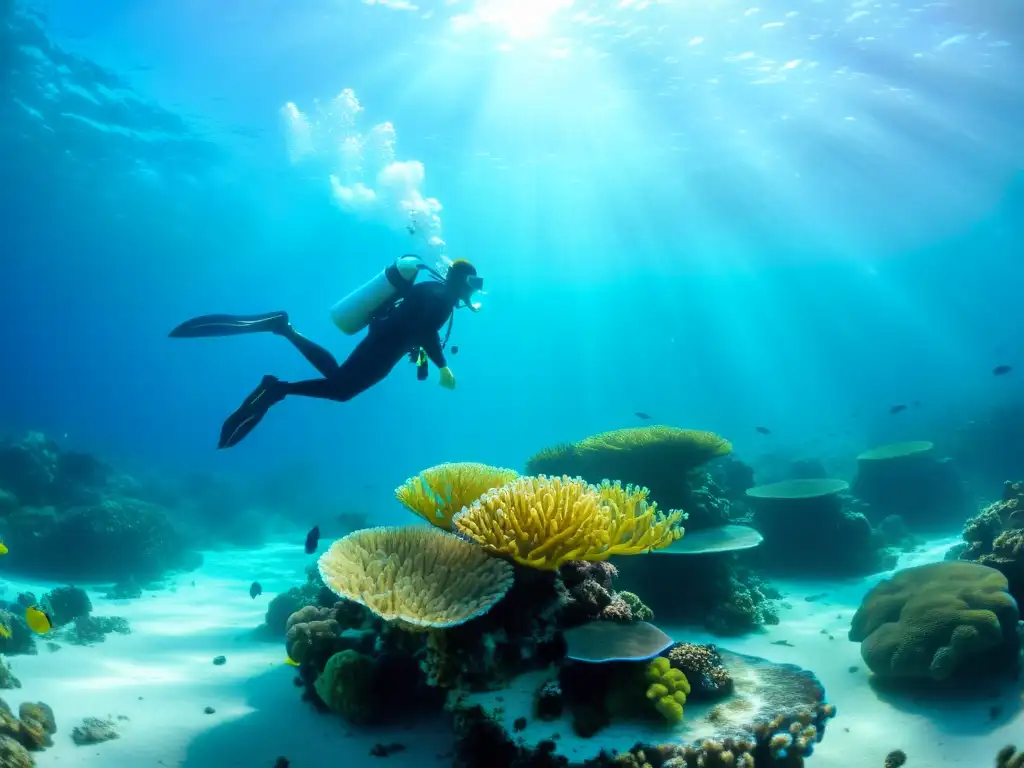 Un buceador practica meditación en un arrecife de coral vibrante