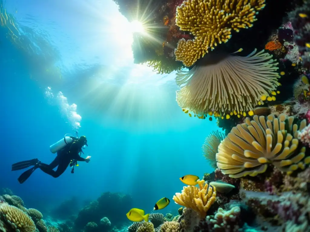 Exploración marina: buceador admirando un arrecife de coral vibrante y vida marina colorida