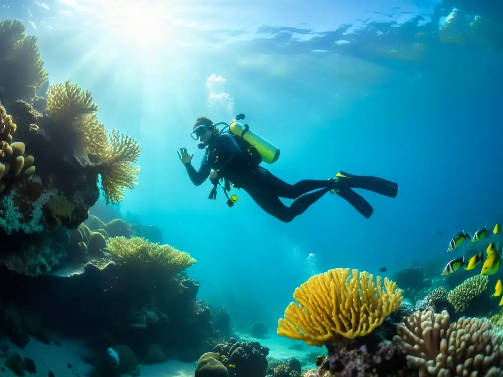 Un buceador explora un arrecife de coral, mostrando la importancia del estado físico y la prevención de lesiones subacuáticas