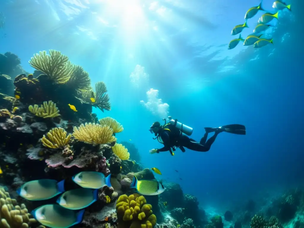 Un buceador explora un arrecife de coral vibrante bajo el agua, rodeado de peces coloridos