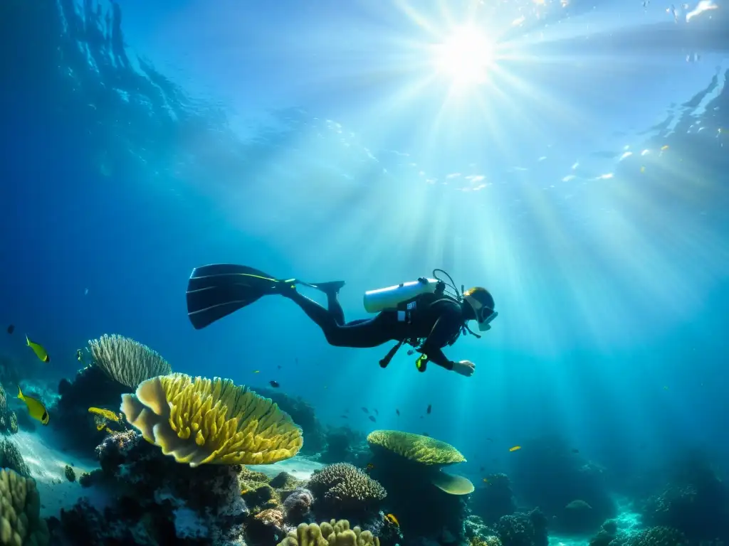 Un buceador explora un arrecife de coral vibrante con aletas de buceo SplitFin, bajo la luz del sol