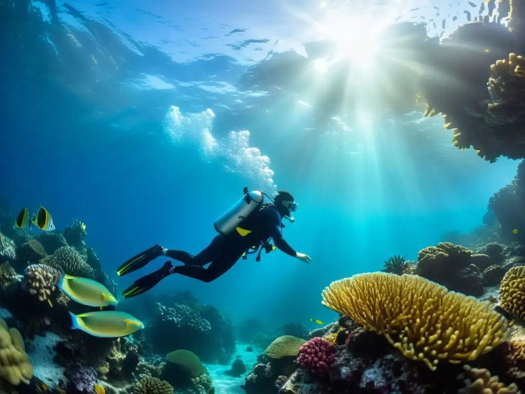 Exploración submarina: Belleza del arrecife de coral Un buceador explora un arrecife de coral vibrante, iluminado por el sol