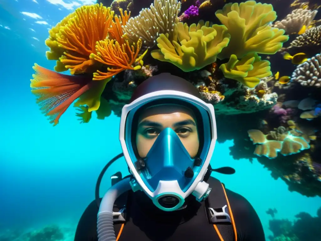 Un buceador explora un arrecife de coral vibrante con una máscara de buceo con visibilidad revolucionaria