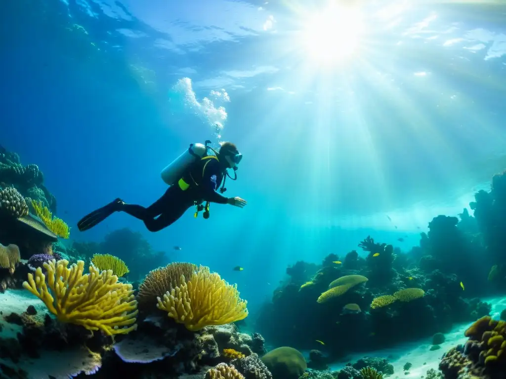 Un buceador se desliza grácilmente entre un arrecife de coral vibrante, con el sol filtrándose a través del agua, creando un hipnótico brillo dorado